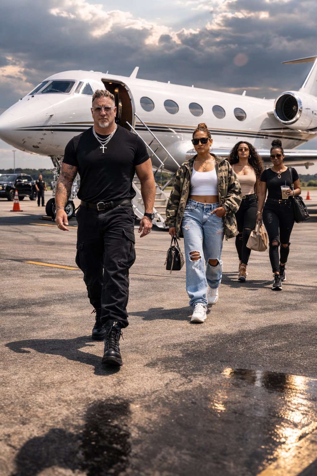 Duché Bradley and team walking from a private jet